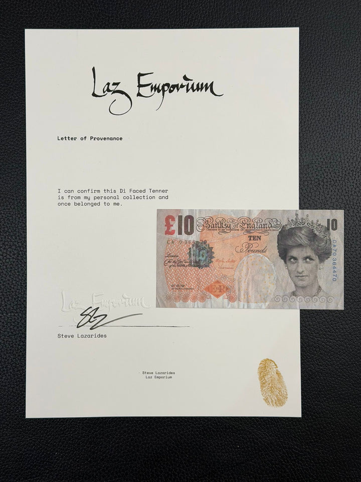Letter of Provenance for Banksy Di-faced tenner. Signed by Banksy's ex manager. 0 signature and thumb print stamp on a black background.