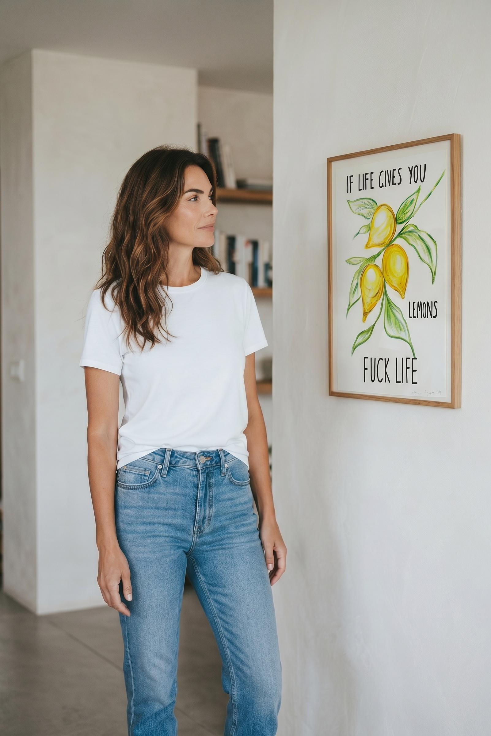 Woman standing in a room with a framed original Alma Singer  artwork on the wall.