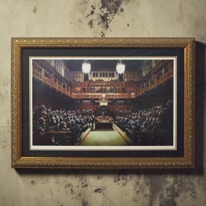 Framed Banksy monkey parliament 