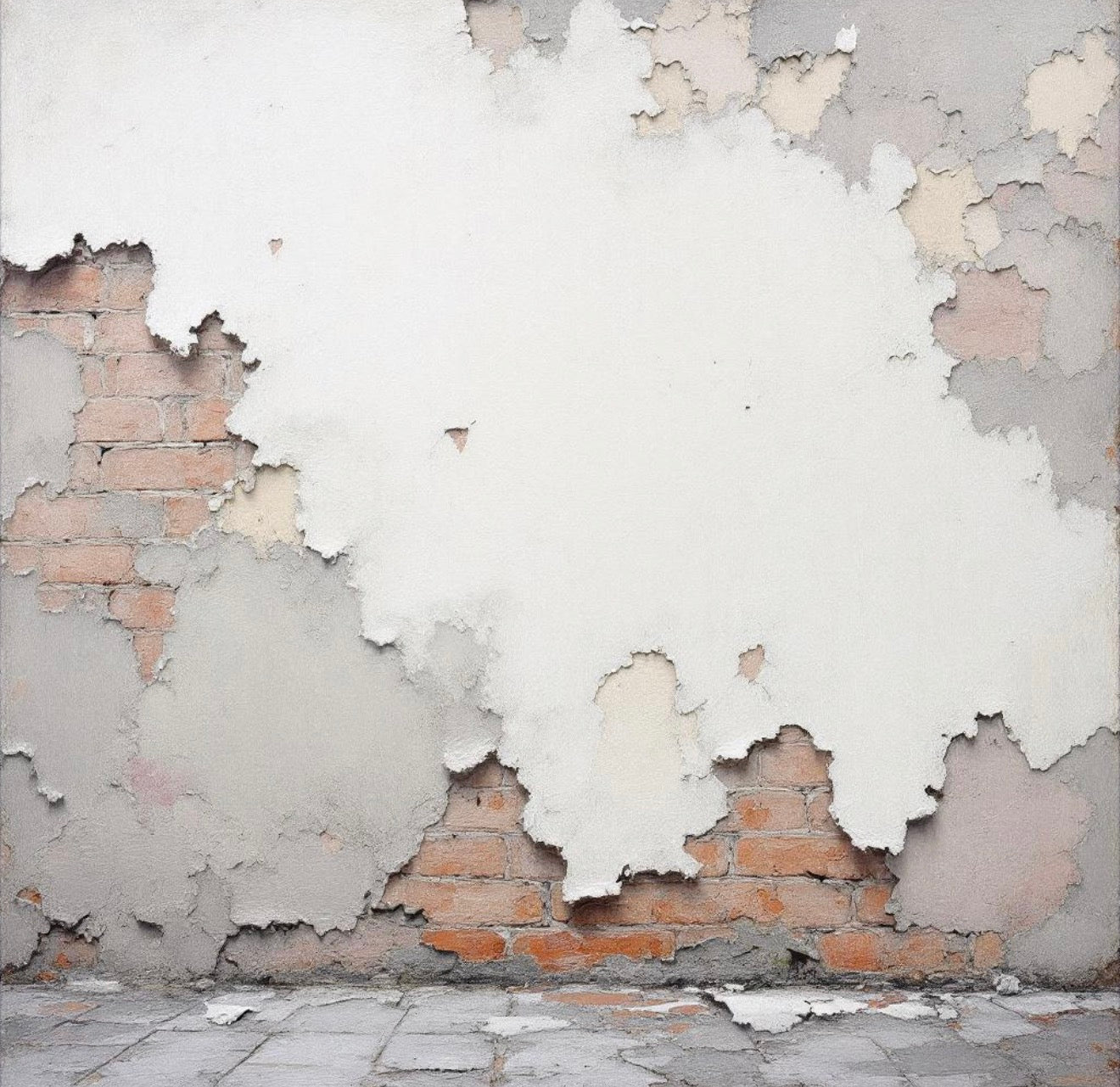 Wall with peeling white paint and exposed brick structure