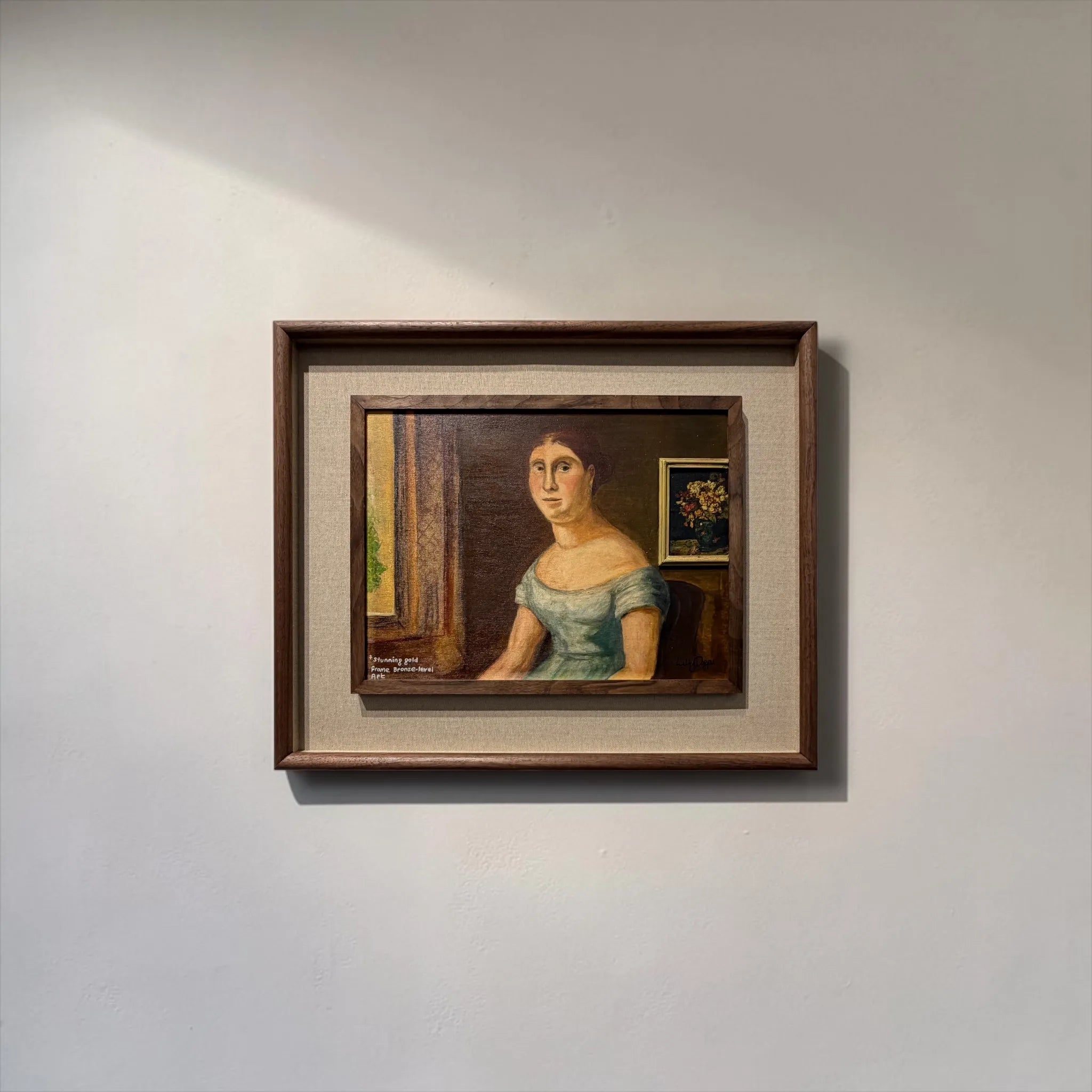 “Bronze Level” original mixed media portrait by Lilly Daffu, framed