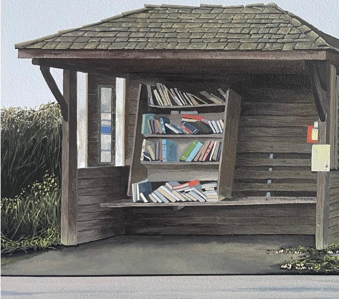 A painted scene of a small wooden bookshelf or kiosk with a shingled roof, filled with books, set outdoors beside a road and shrubs.