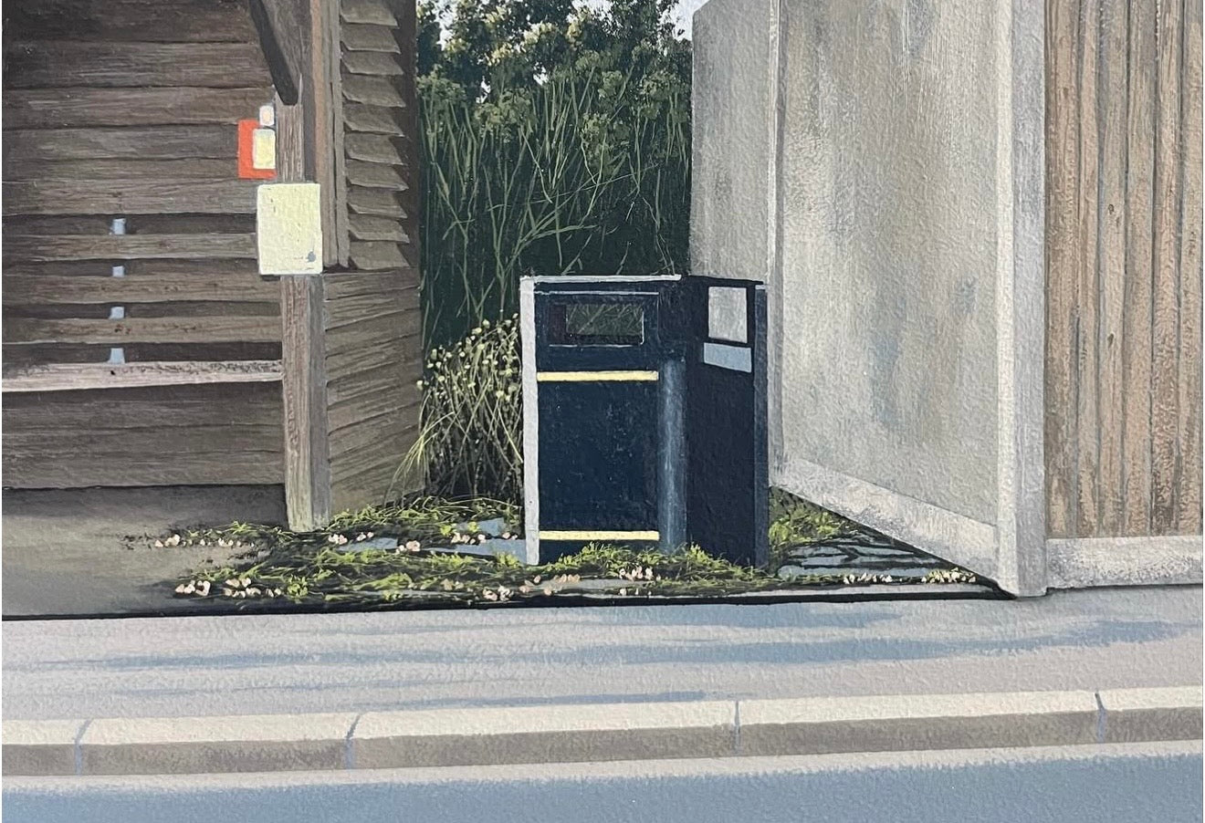 A painted street-side scene showing a black public trash can with a small yellow stripe, set between a wooden building and a concrete wall, with sidewalk, curb, and greenery in the scene.