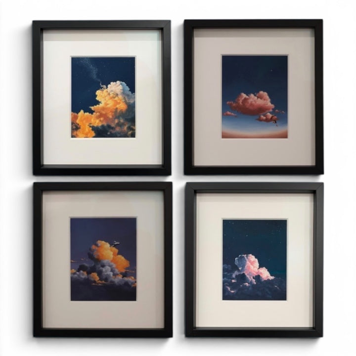 Four framed fine art prints titled Obscura by Cathy Camille, featuring surreal wildlife in cloudscapes, 13x15 cm black step frames.