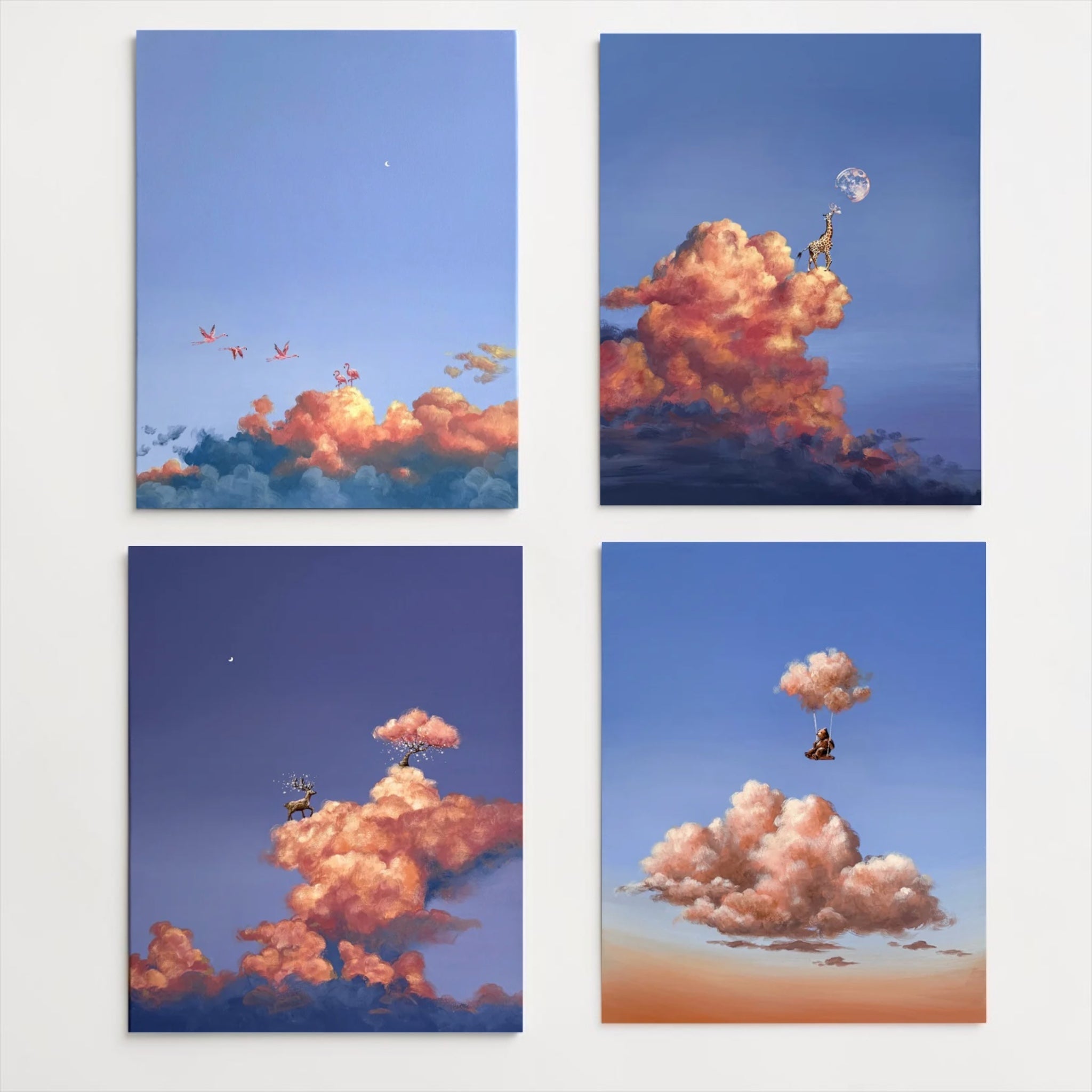 Four panels of a fantasy scene with clouds and balloons against a blue sky, by Cathy Camille