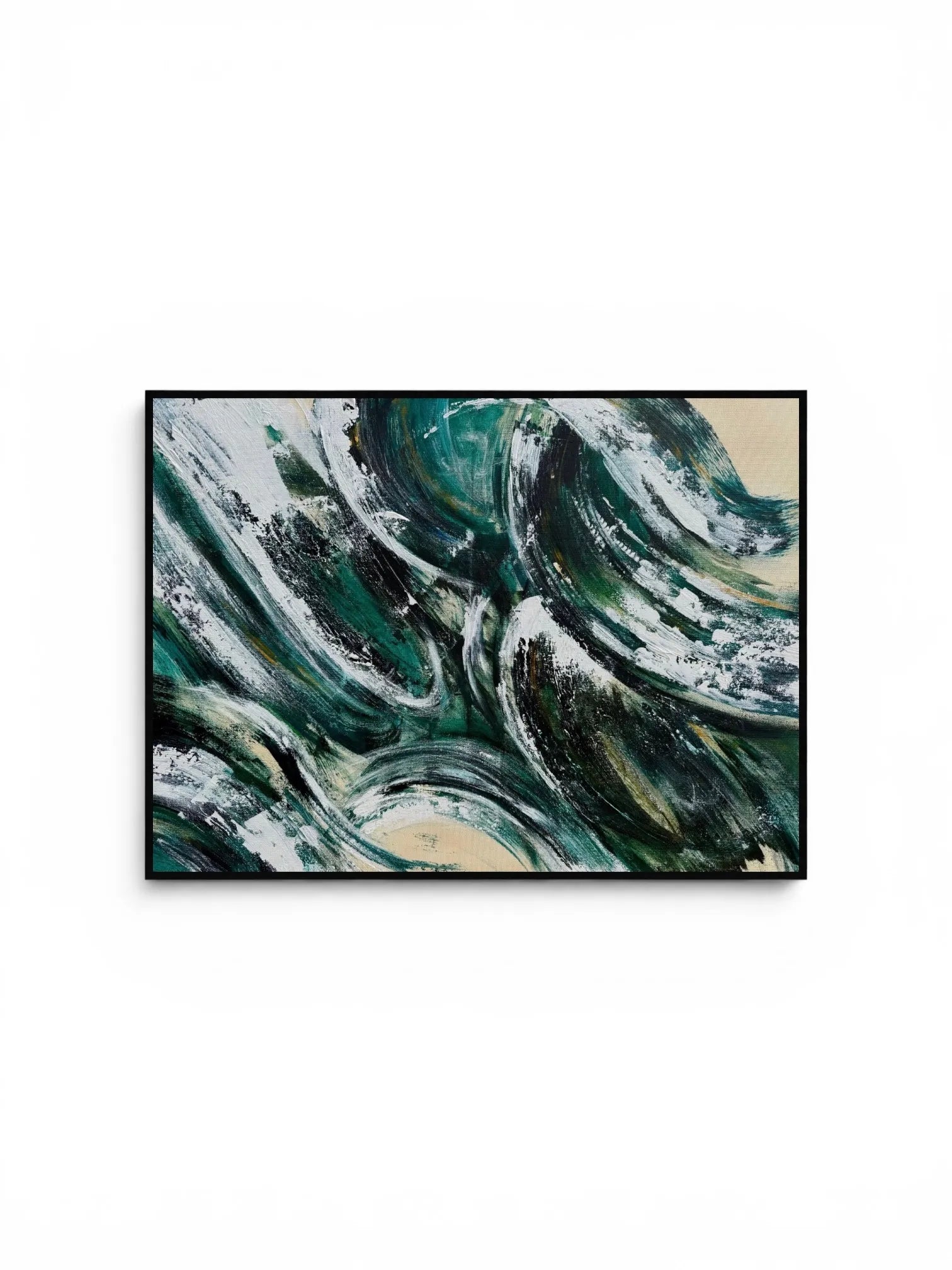 Original abstract acrylic painting "High Tide" by Charlotte Gibbs, featuring swirling emerald green and white brushstrokes on canvas, 80cm x 60cm.