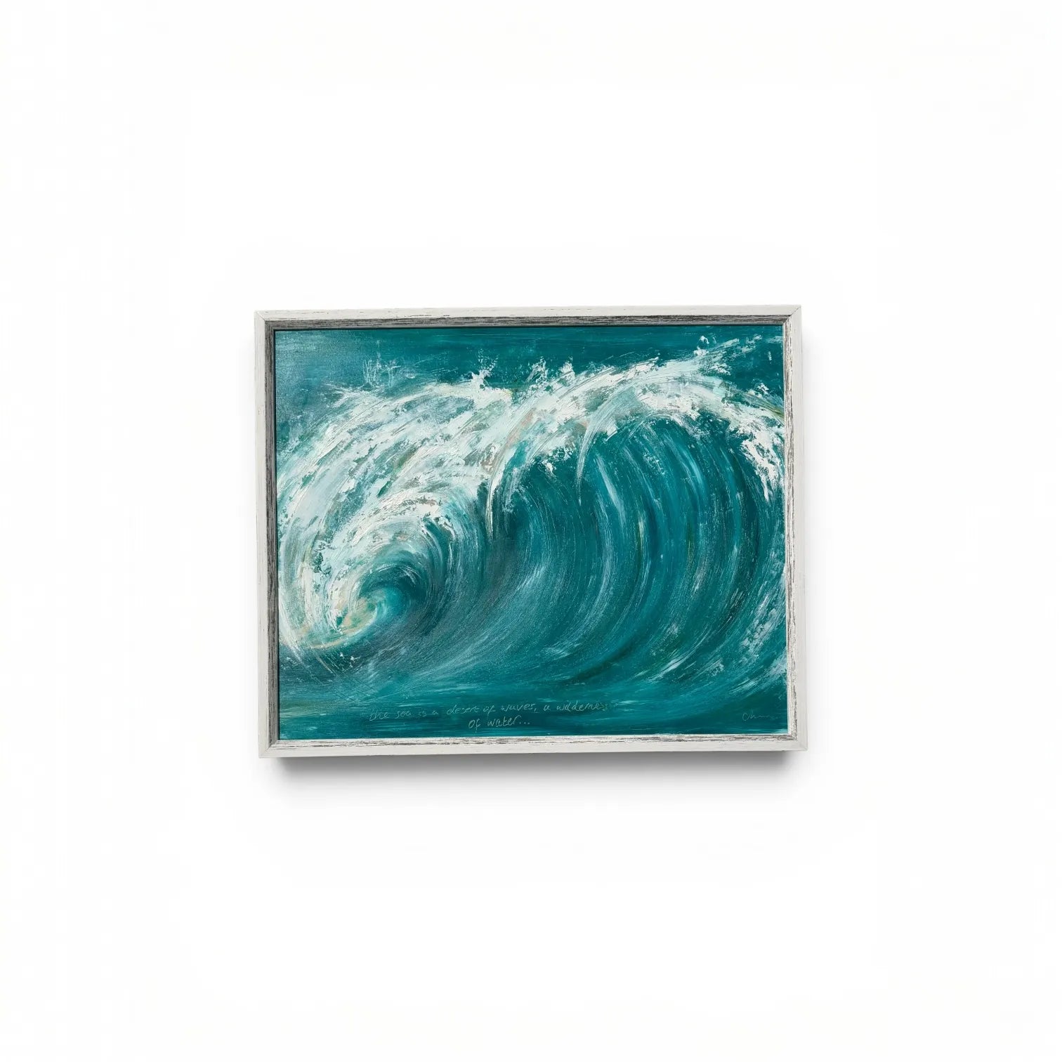 Original acrylic seascape painting titled The Sea is a Desert of Waves by Charlotte Gibbs in a distressed wood frame.