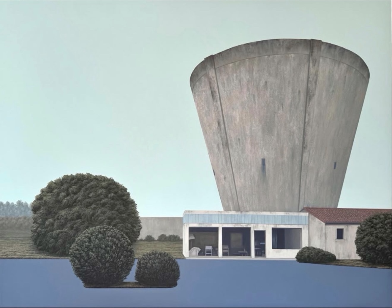 A stylized architectural scene showing a large conical concrete structure rising above a modern low-rise building with a blue-gray foreground plane and sculptural shrubs.