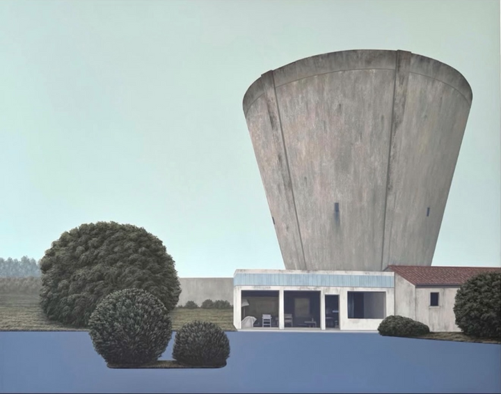 A stylized architectural scene showing a large conical concrete structure rising above a modern low-rise building with a blue-gray foreground plane and sculptural shrubs.