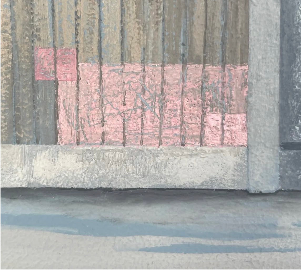 A close-up of a textured wall or door panel with vertical gray and brown planks, a pink rectangular section in the middle, and a light gray concrete or plaster base.