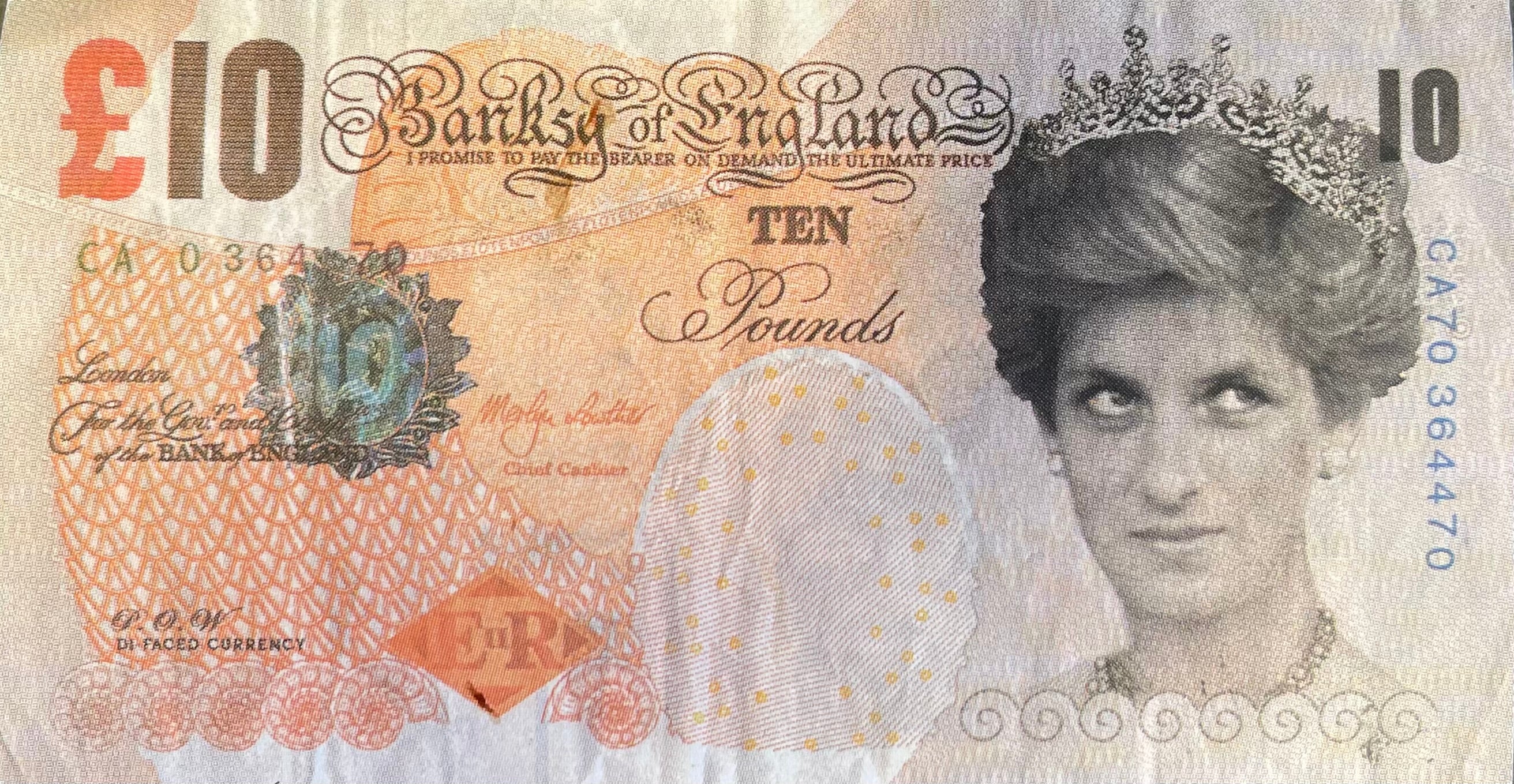 Authentic Banksy Di-Faced Tenner art print, showcasing unique CMYK lithography detail