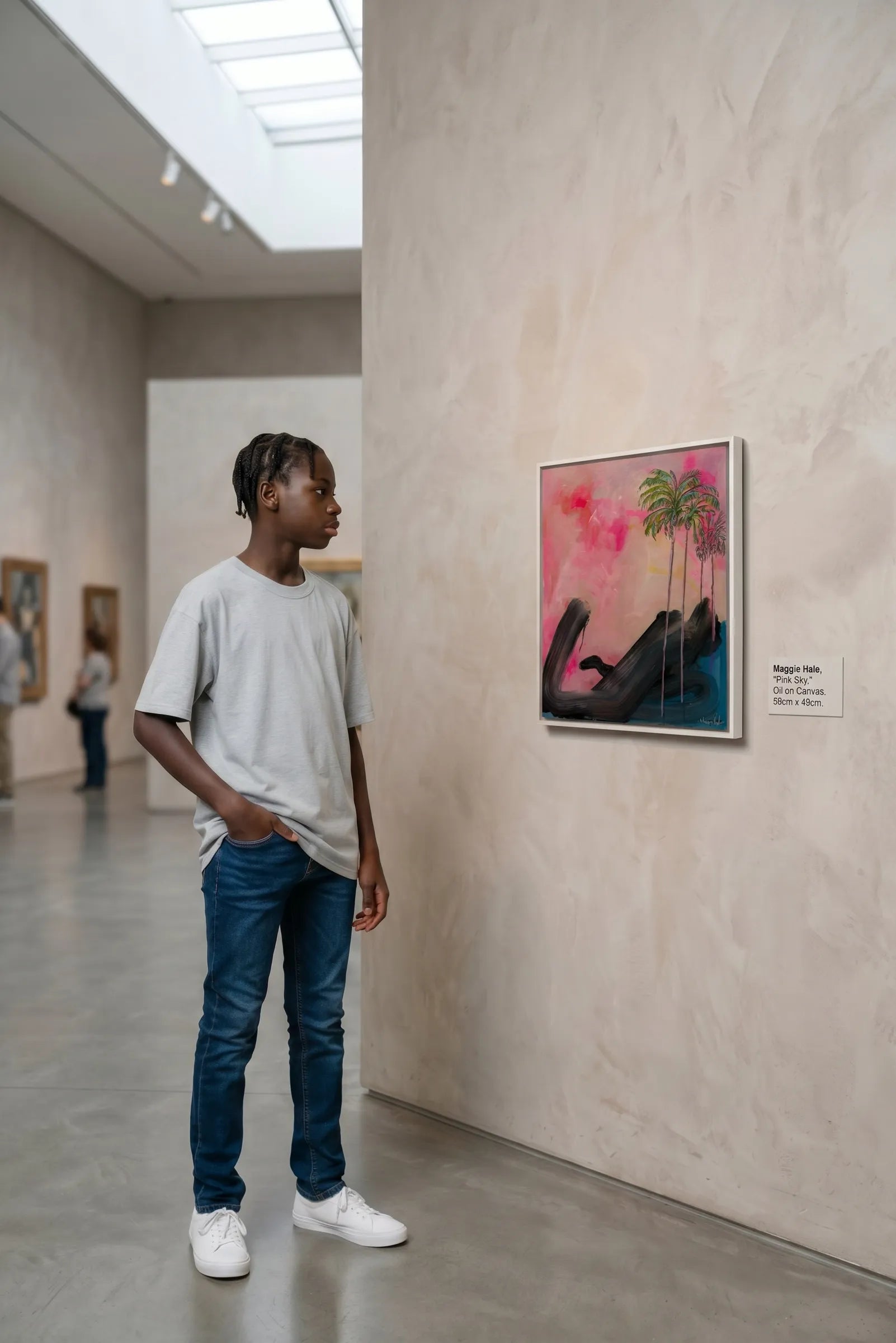 Person looking at a Maggie Vale painting in an art gallery