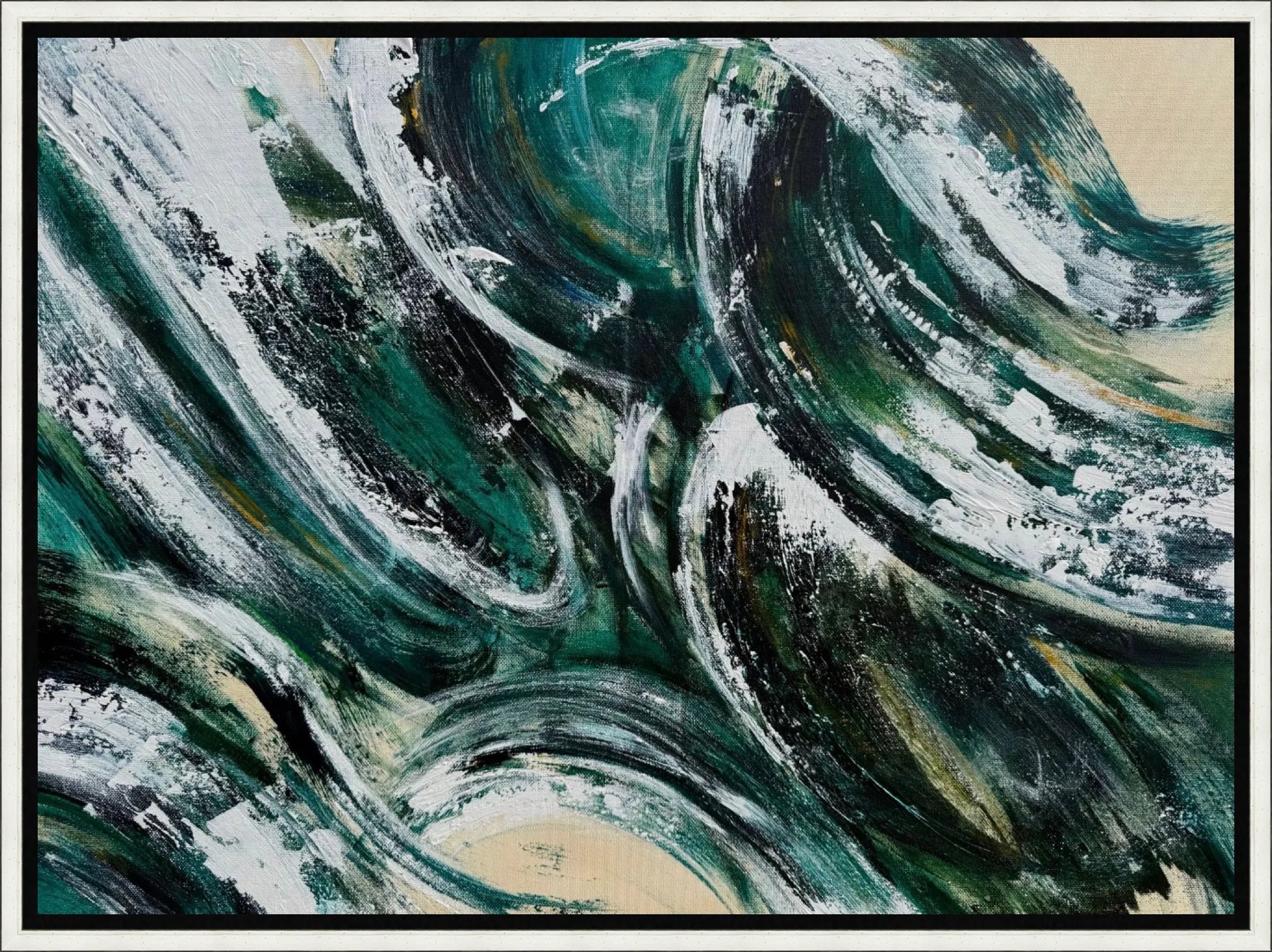 Abstract painting with swirling green, black, and white colors on a beige background, by Charlotte Gibbs