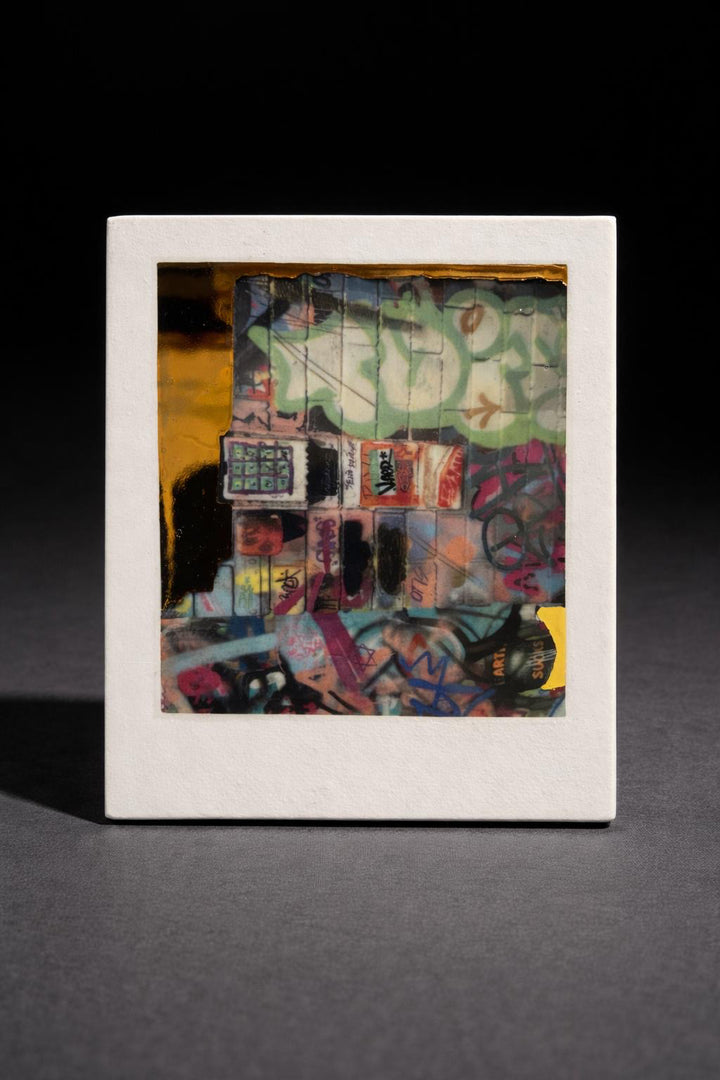Framed abstract artwork with geometric shapes and colors on a dark background