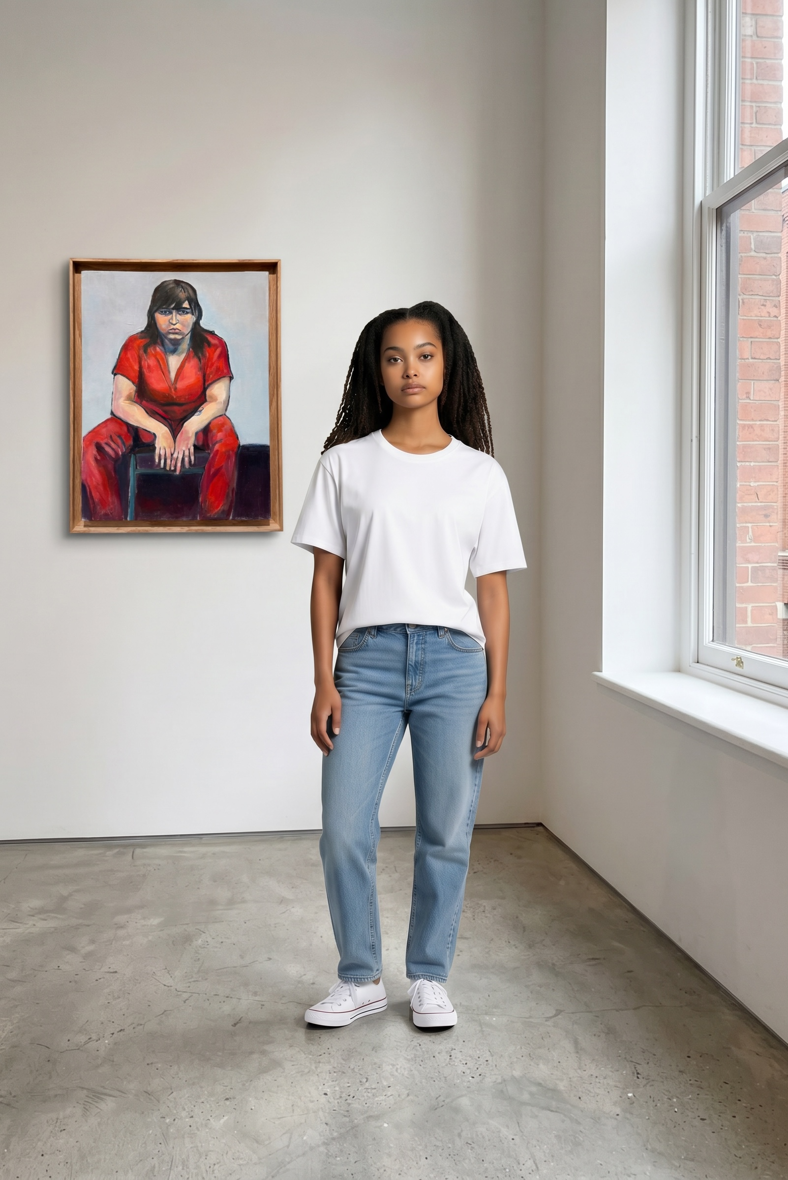 A young woman stands in a bright studio or gallery space wearing a white crewneck t-shirt, light wash blue jeans, and white sneakers. A framed portrait painting hangs on the wall behind her to the left.