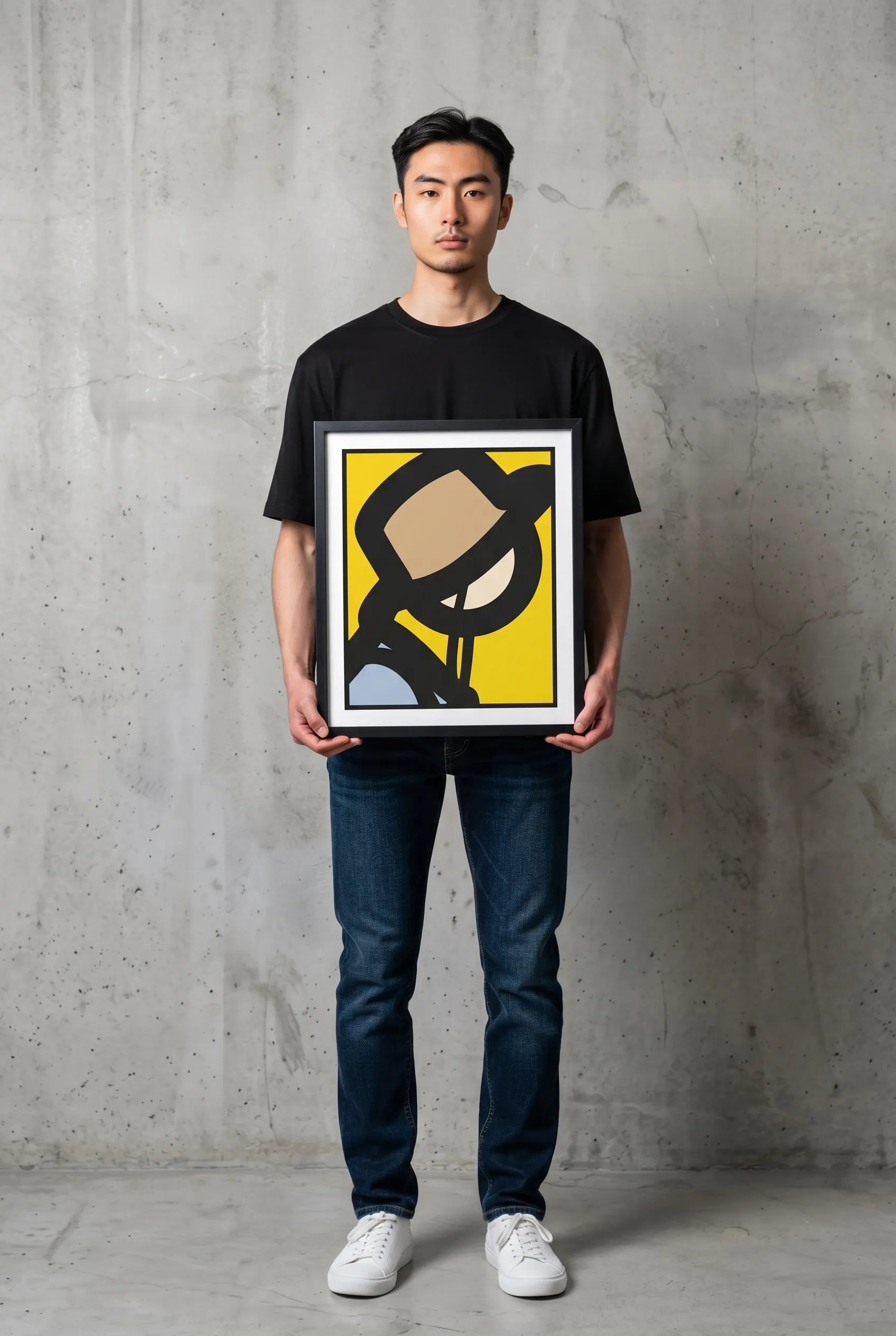 Man holding a framed artwork by Julian Opie against a concrete wall