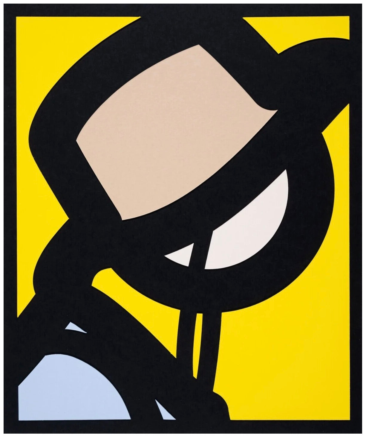 Abstract design artwork by Opie with black, beige, and blue shapes on a yellow background