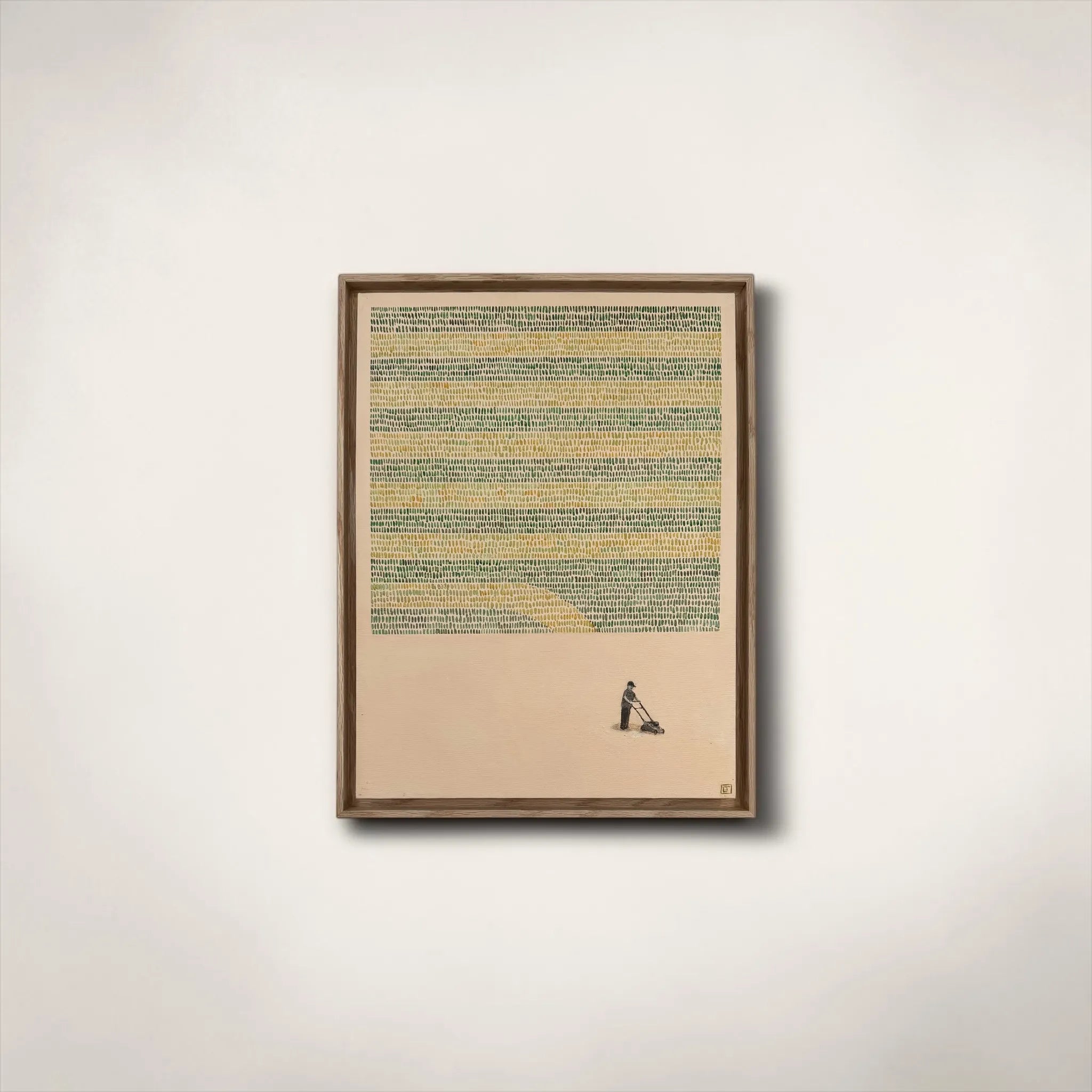 Framed artwork with a man mowing the lawn by Laine Jones