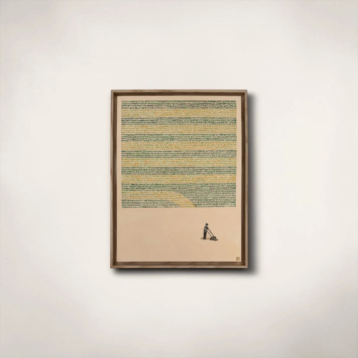 Framed artwork with a man mowing the lawn by Laine Jones