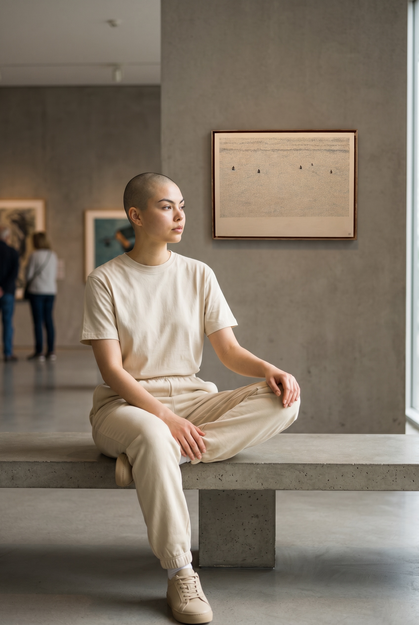 Person sitting on a bench in a modern indoor setting with a wall-mounted frame.