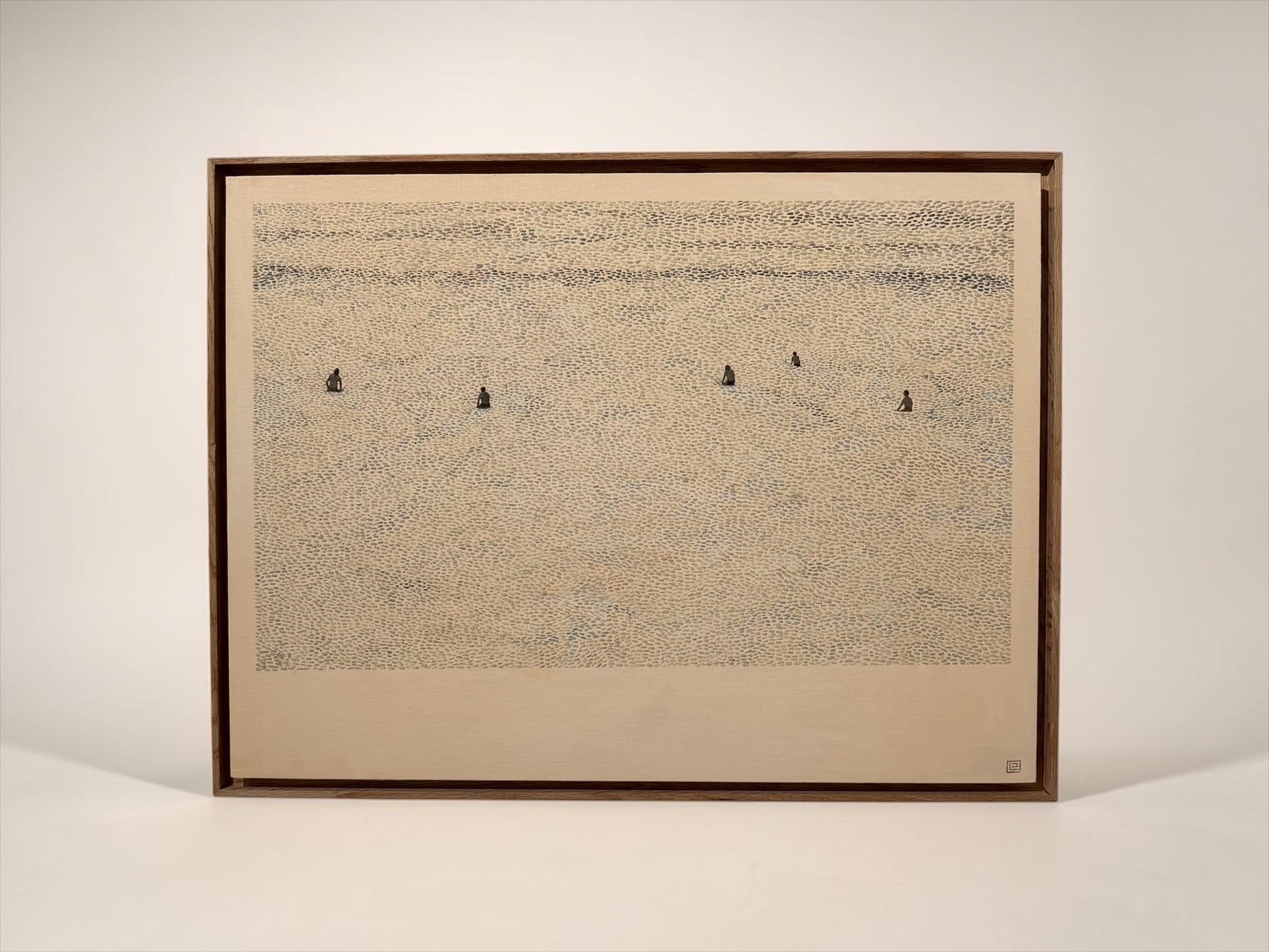 Framed waiting for a wave by Laine Jones, featuring surfers artwork with minimalistic design on a beige background