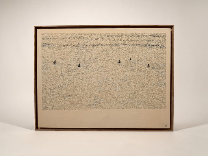 Framed waiting for a wave by Laine Jones, featuring surfers artwork with minimalistic design on a beige background