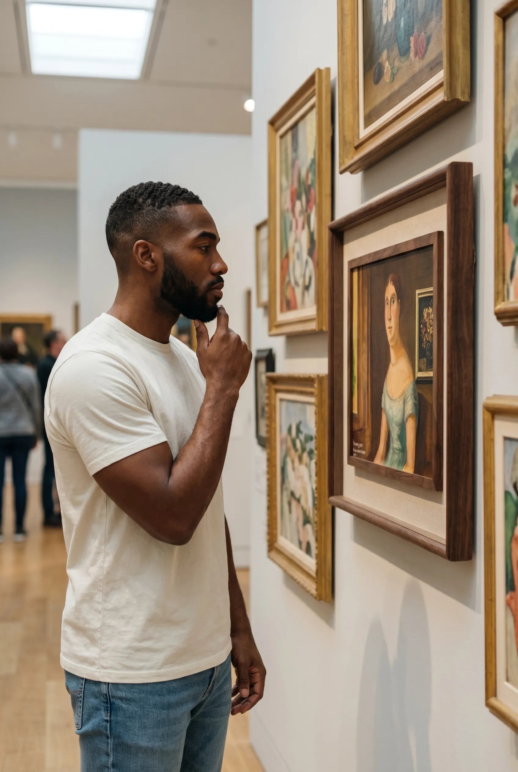 Man in a white t-shirt and jeans looking at art in a gallery.