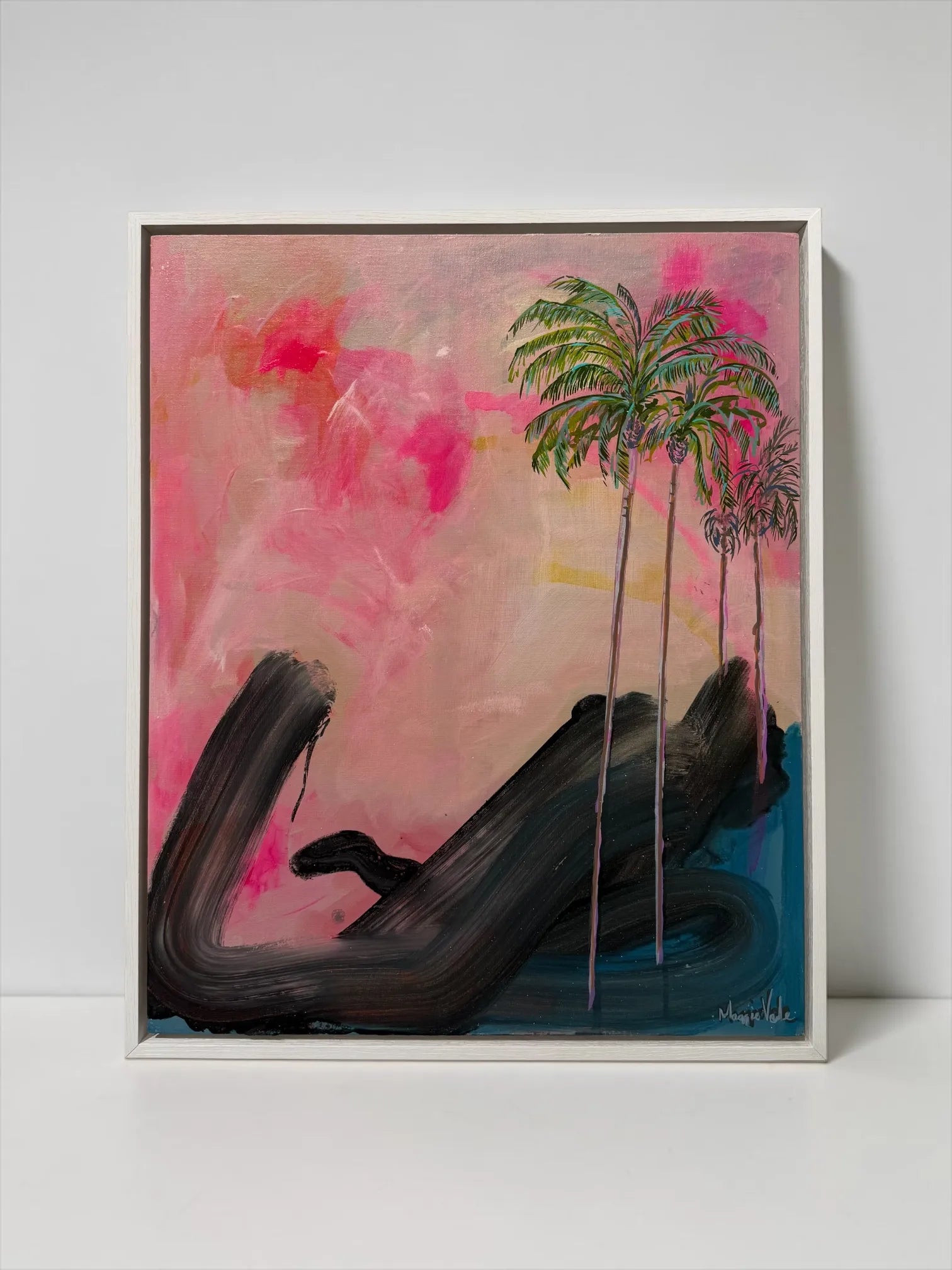 Maggie Vale’s original acrylic painting ‘Utopia 2’ in a white tray frame, featuring palm trees and abstract pink and black brushstrokes on canvas.