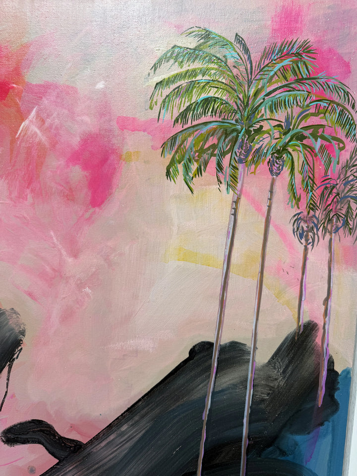 Close-up of ‘Utopia 2’ painting detail showing acrylic texture and pink hues
