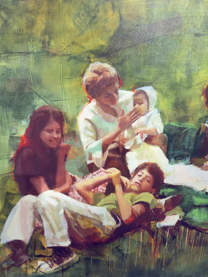 Close-up detail of Mar Herrera’s ‘Familia’ original oil on canvas, showing expressive brushstrokes and vibrant green paint texture.