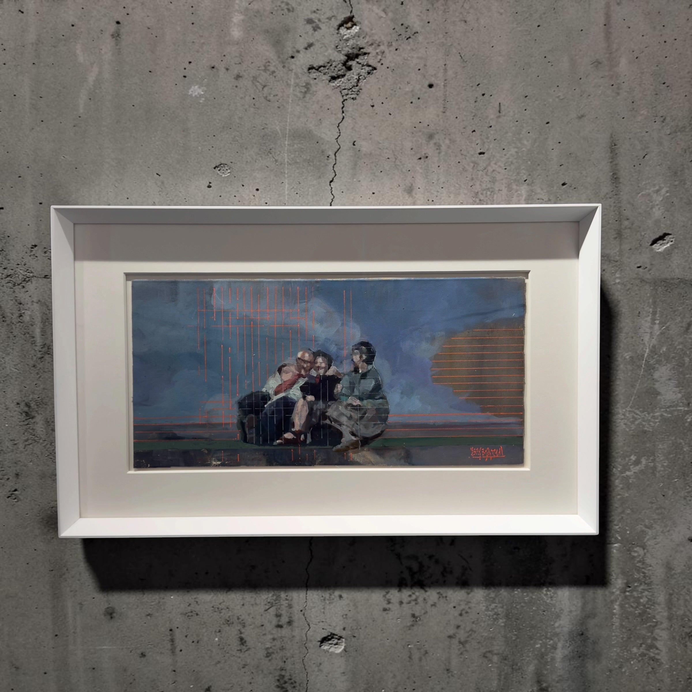 A framed art print featuring a surreal scene of three children sitting on a grassy field under a blue sky with vertical rain-like lines and a large orange sun, mounted on a textured gray concrete wall.
