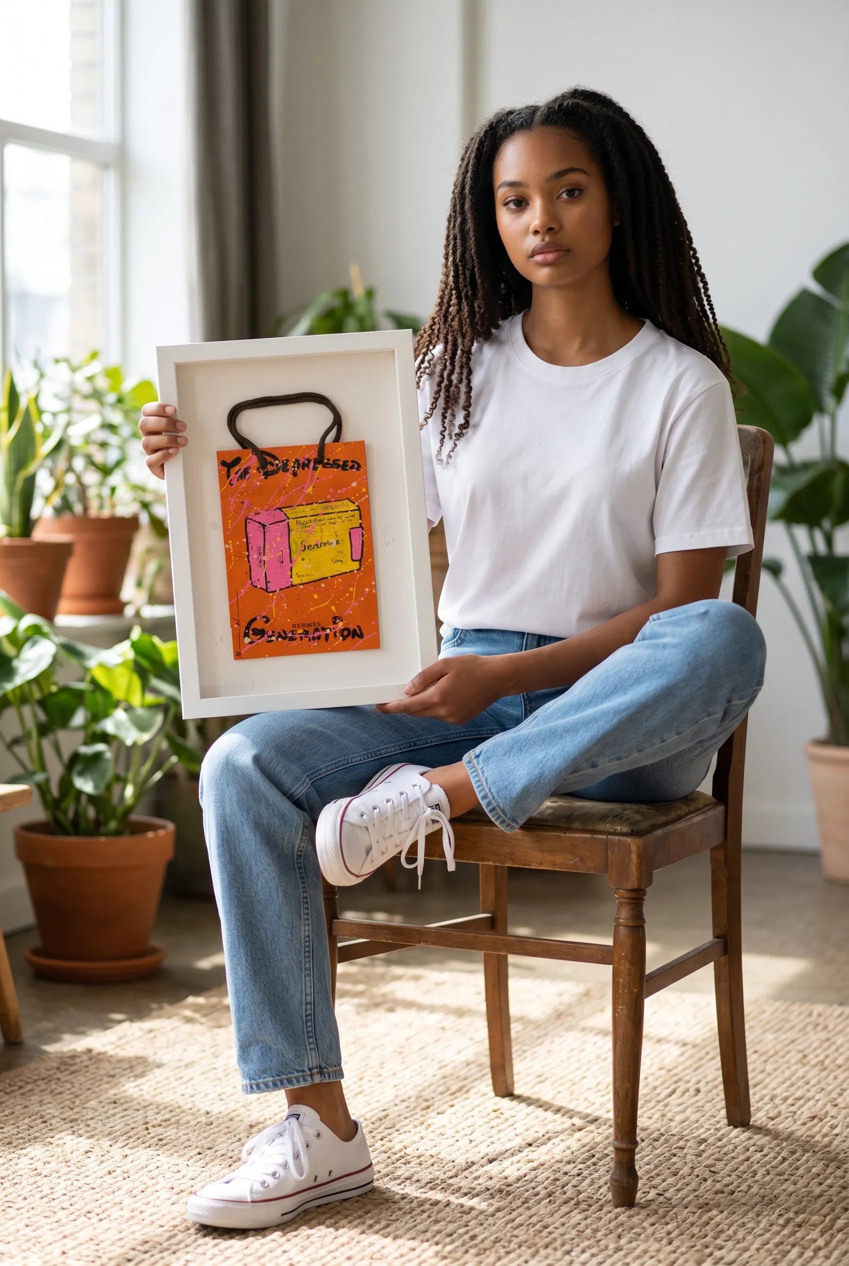 Person holding a framed artwork by Mason Newman to show the size.