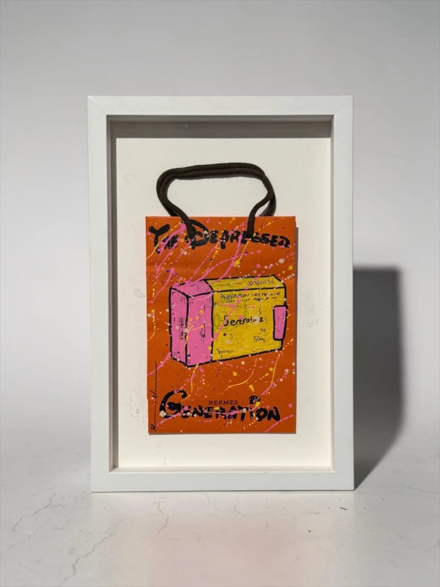 “The Depressed Generation Hermès artwork by Mason Newman, original pop art painting featuring a pill bottle and luxury shopping bag imagery.”