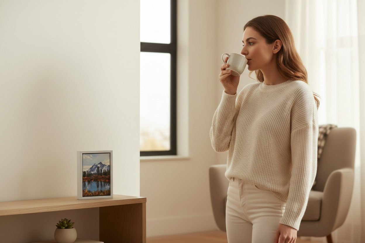 Woman in a cozy living room drinking from a mug looking at Michael Ashcroft painting