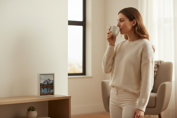 Woman in a cozy living room drinking from a mug looking at Michael Ashcroft painting