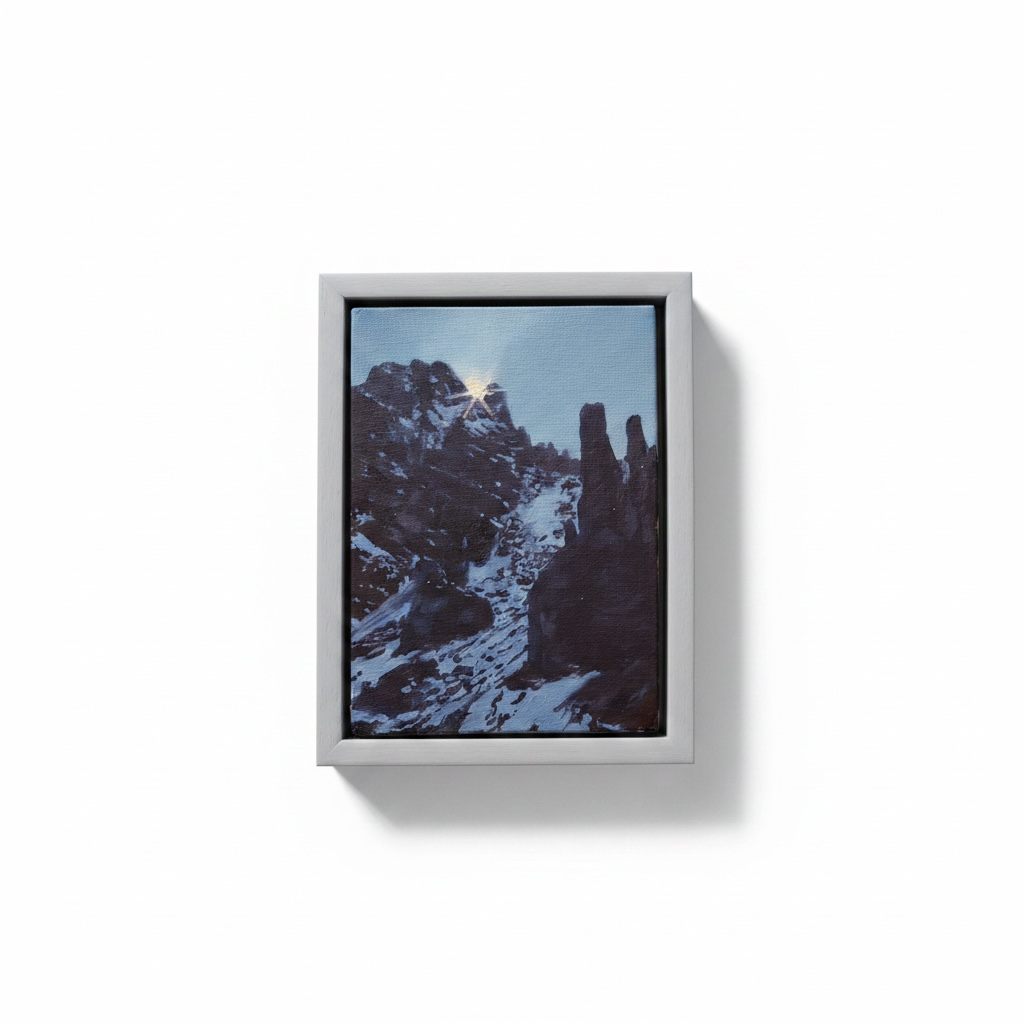 Framed painting of a mountain landscape with a starry sky, by Michael Ashcroft