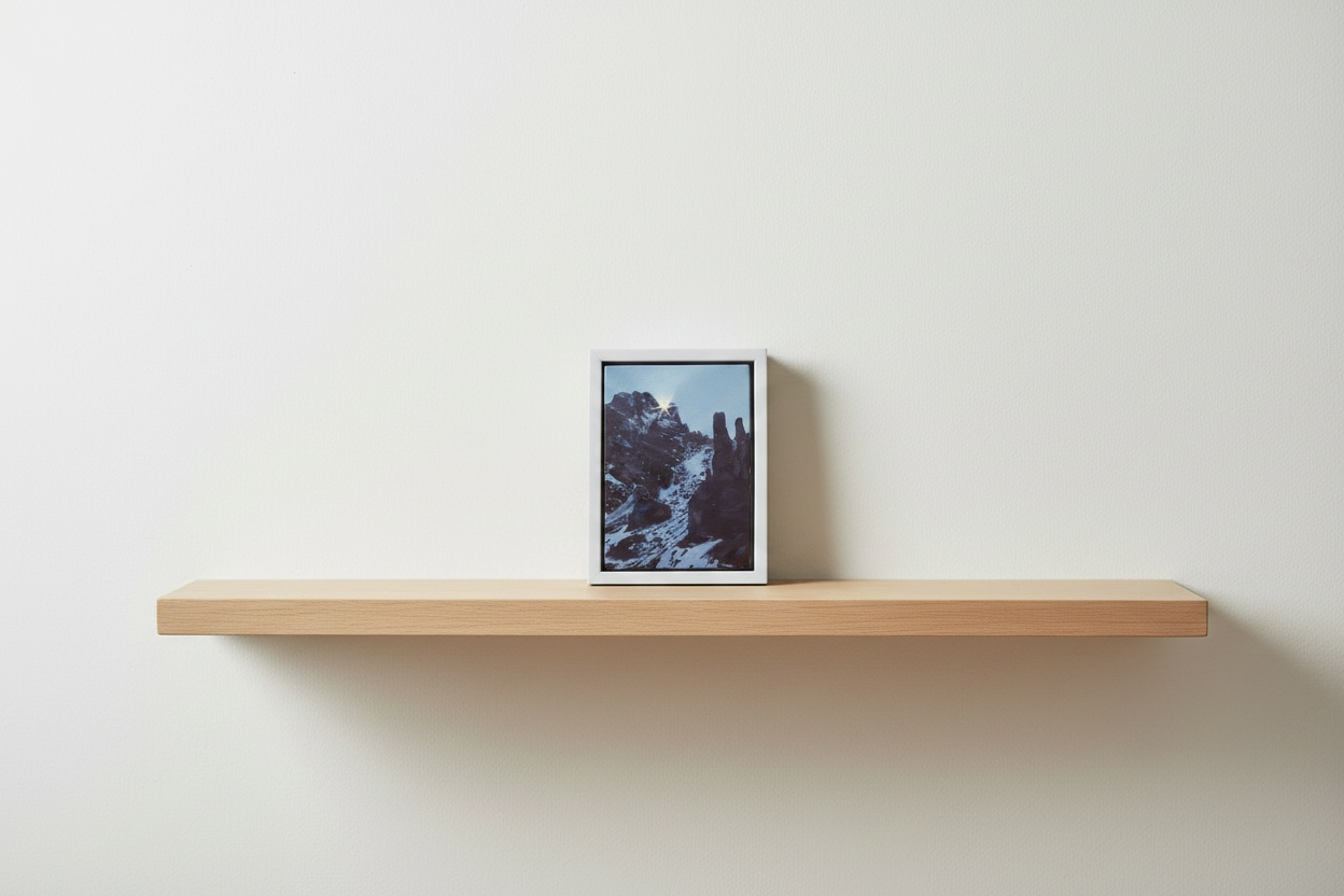 Wooden shelf with a framed picture on a white wall