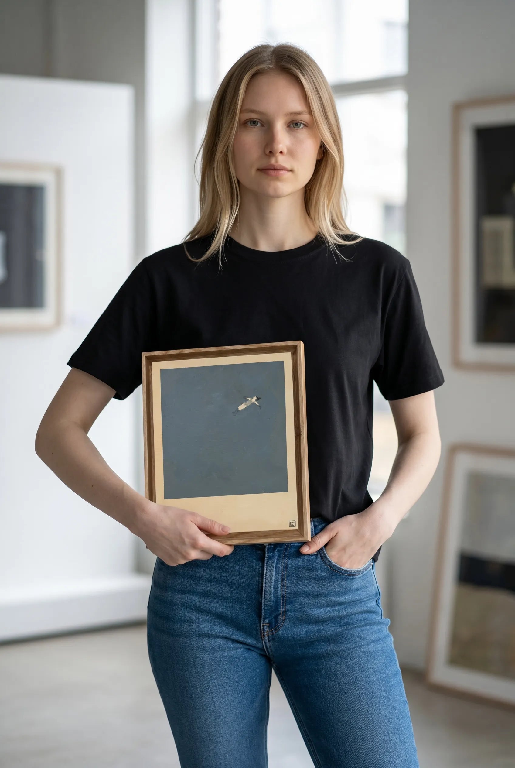 Person holding a framed artwork in an art gallery setting