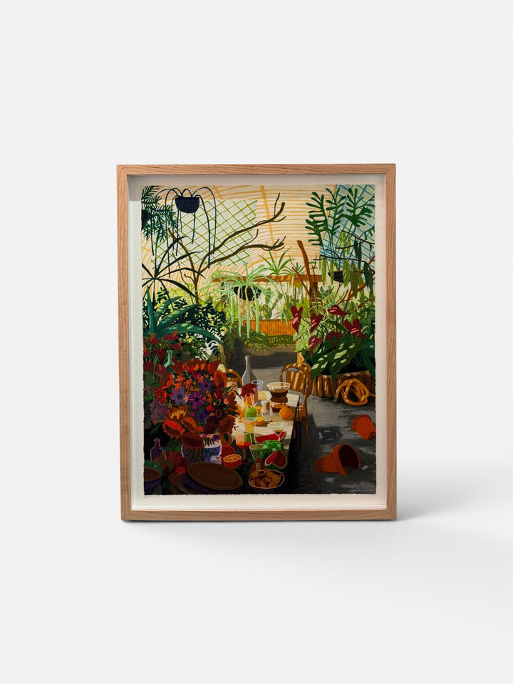 Nicholas Bono Kennedy ‘Jardin des Plantes Dinner Party’ 18x24 inch signed archival pigment print with hand-deckled edges, depicting a lively dinner party in a botanical garden.