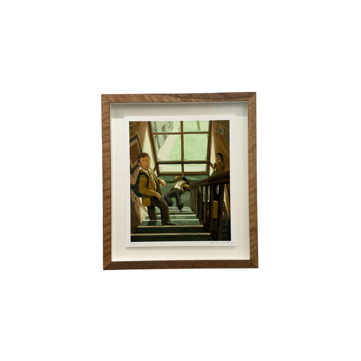 A framed art print featuring a vintage-style illustration of three children on a staircase, enclosed in a brown wood-grain frame with a white mat border, set against a plain white background.