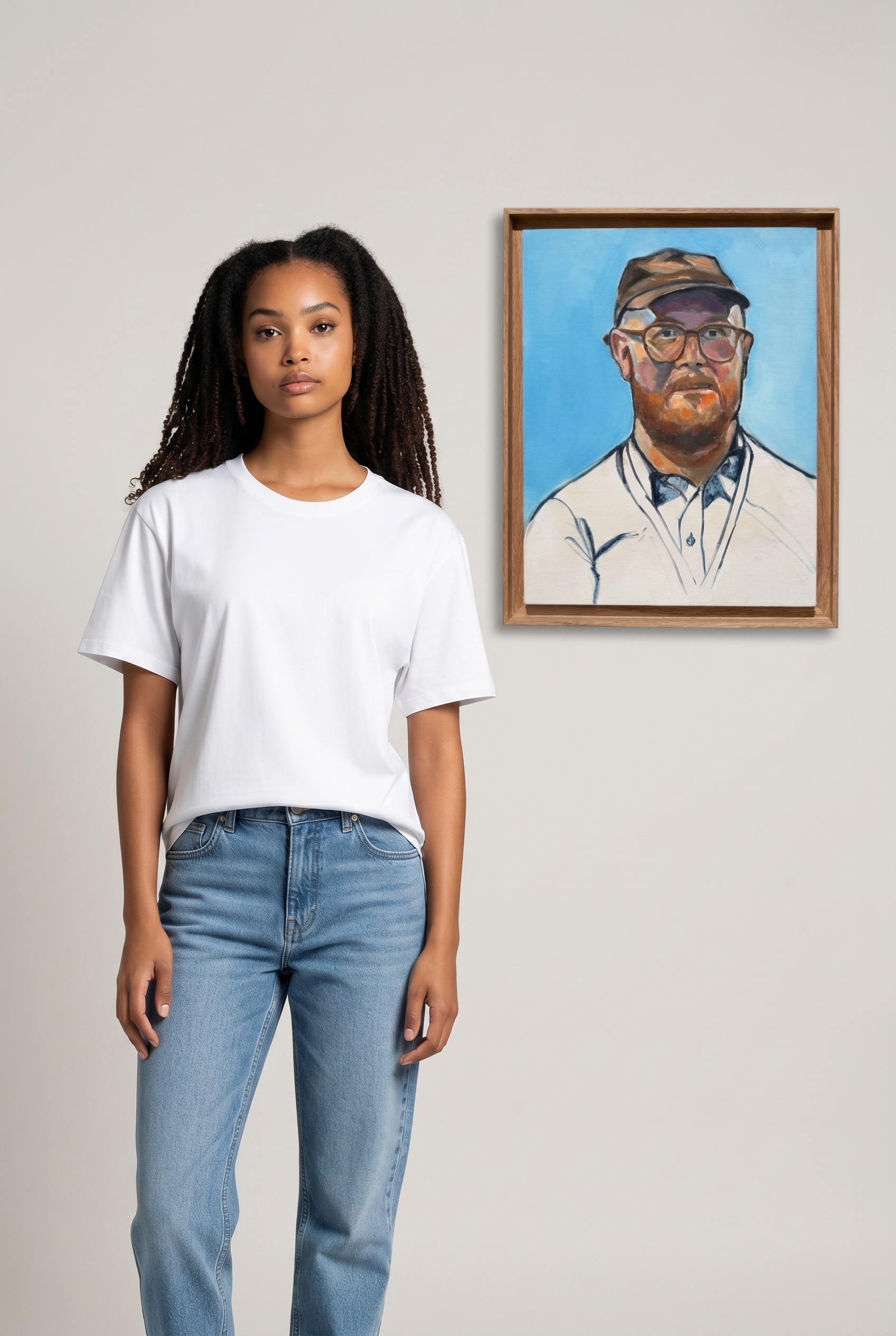 A woman wearing a plain white short-sleeve t-shirt and light blue jeans stands against a light gray wall next to a framed portrait painting.