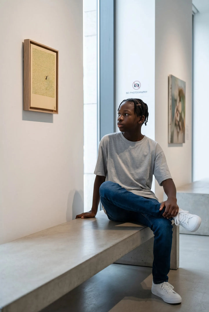 Person sitting on a bench in a modern gallery viewing Laine Jones contemporary artwork “Catch” in oiled oak tray frame.