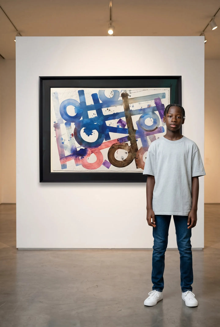 Person standing in front of a colourful abstract painting by Retna in an art gallery.
