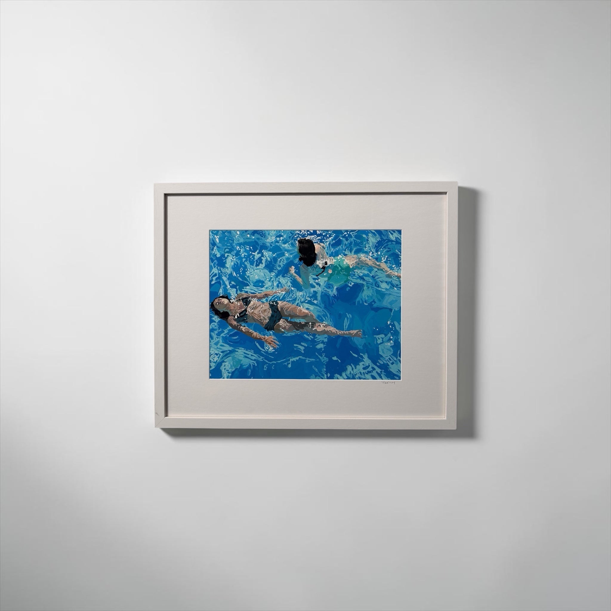 Original signed gouache painting by Samantha French of two women swimming in blue water, 54x45cm, conservation framed in white.