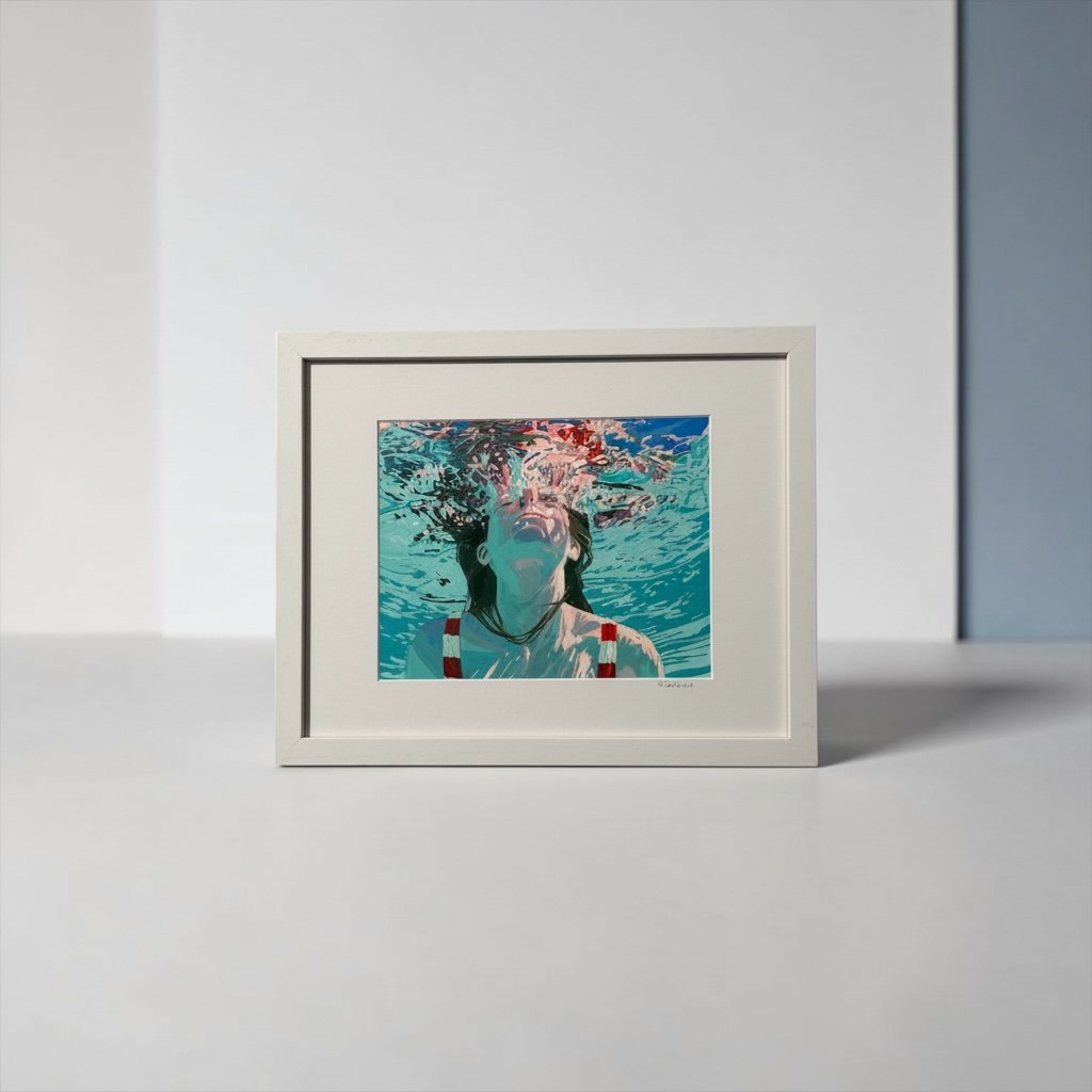 Original signed gouache painting by Samantha French of a woman submerged underwater, 39x32cm, framed in a white moulding