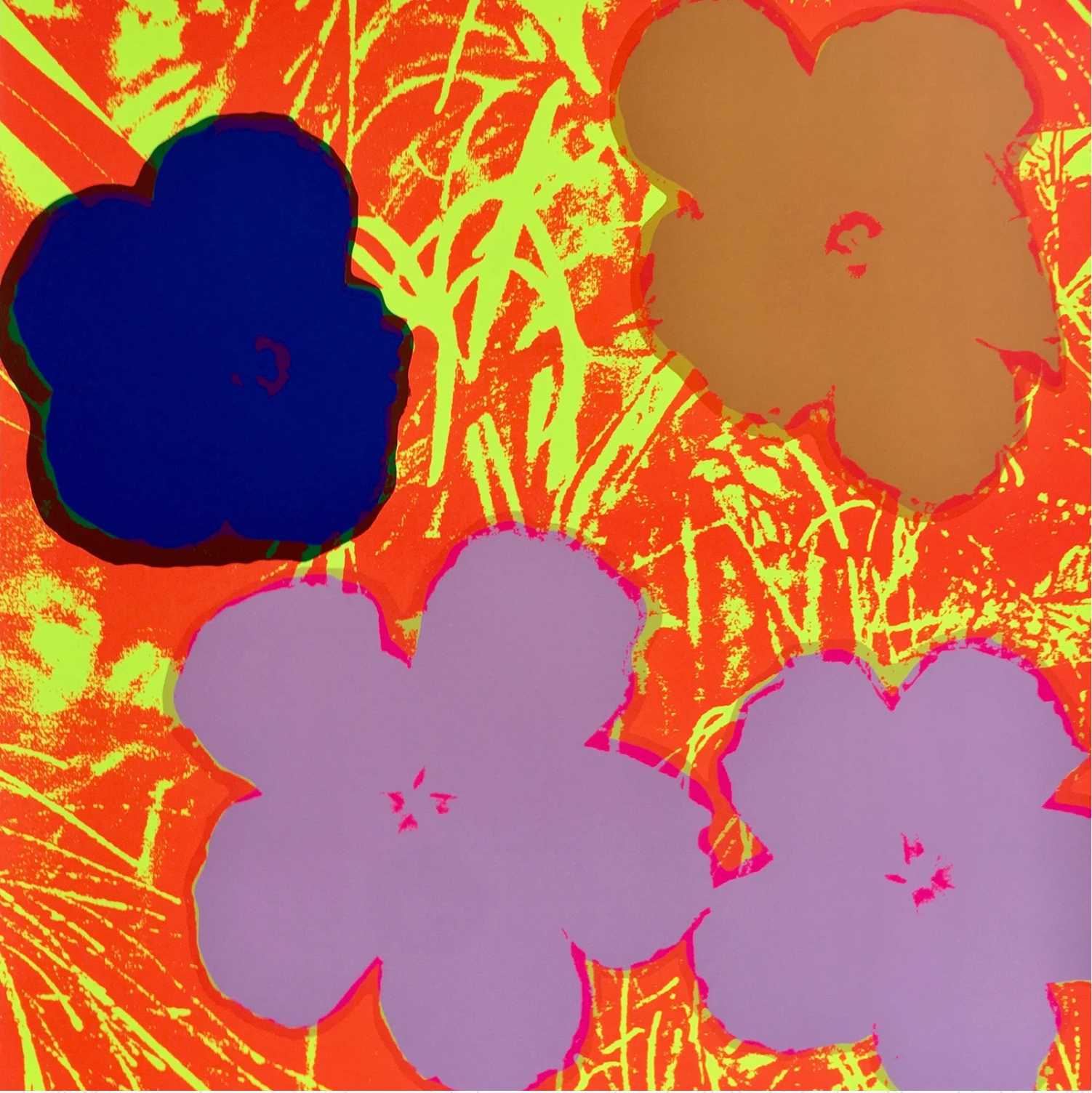 Abstract floral artwork with four flower-like shapes in dark blue, tan, lavender, and pink over a vivid orange background with yellow linework.