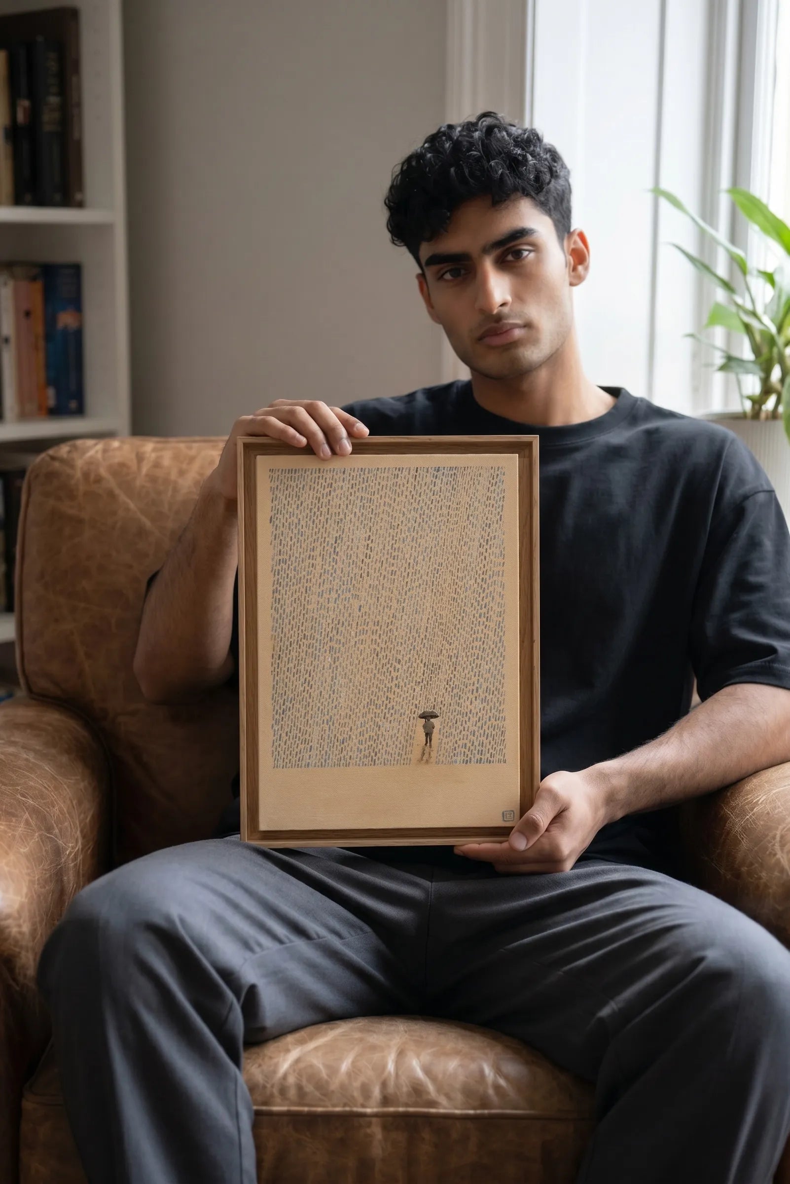 Man holding framed Laine jones 'The Storm' for sizing picture in a living room setting