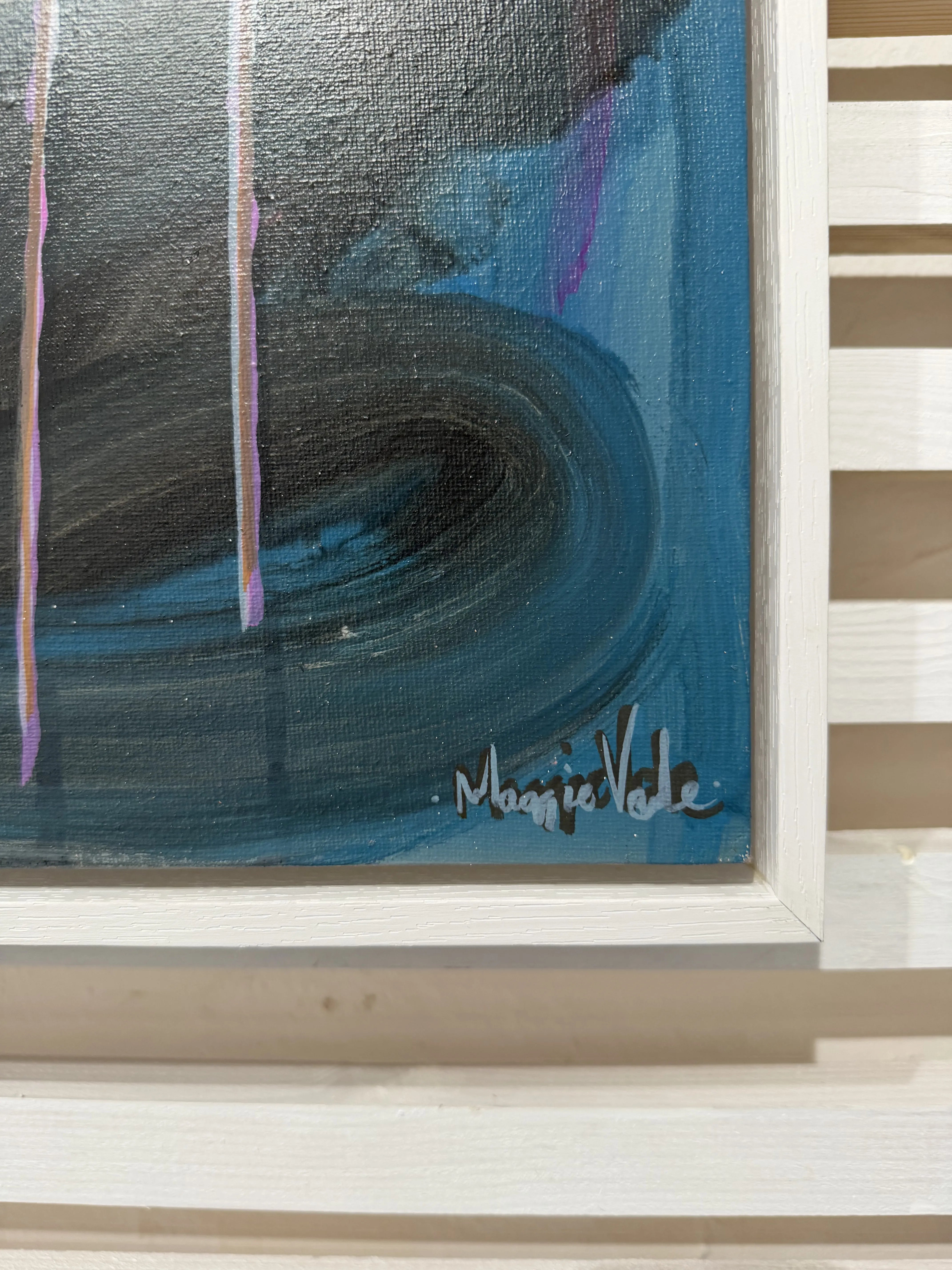 Abstract painting, a signature of Maggie Vales on a striped background