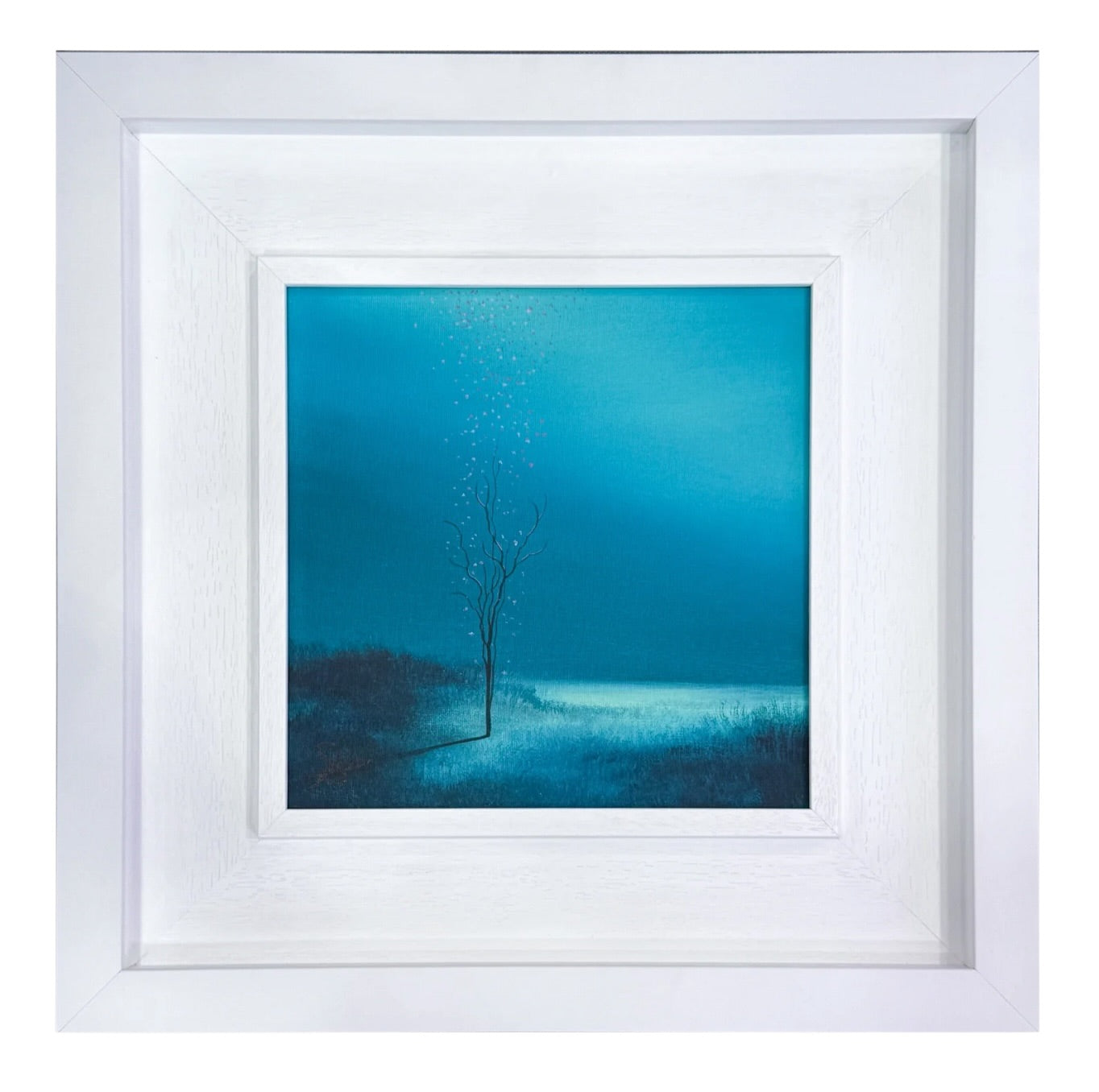 Framed artwork of a tree against a blue sky with white frame