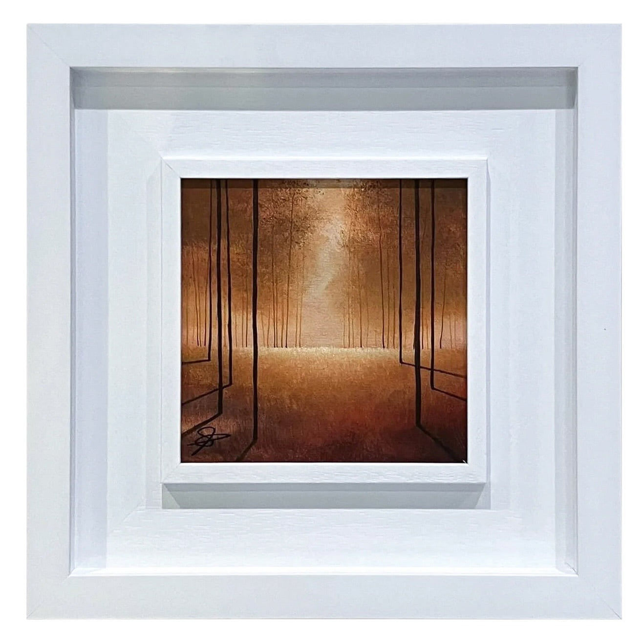 Framed artwork with a textured brown background and white frame